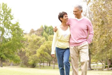 elderly couple walking in the park